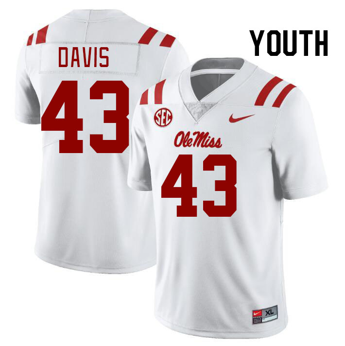 Youth #43 Dylan Davis Ole Miss Rebels College Football Jerseys Stitched-White